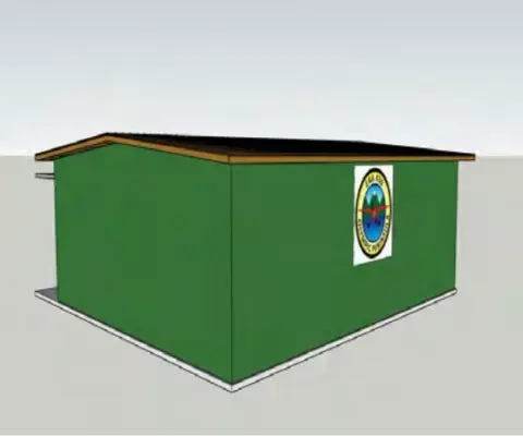 Drawing of the proposed green building with the chapter logo on the end wall