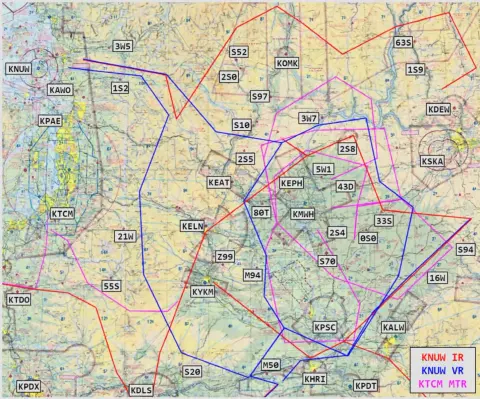 Chart of military training routes in Washington, color coded by type