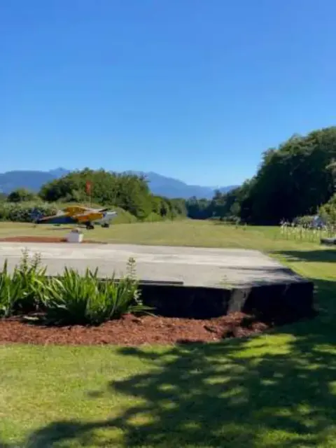 Grass airstrip lined with trees and a hedge