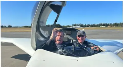 James Russell reacts to his first-ever Cozy flight in Mark Rieger's Cozy Mk IV