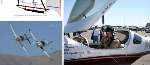 Collage of race planes in flight and a pilot in an open cockpit