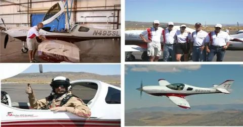 Collage of a race plane on the ramp, a group of pilots and the airplane in flight