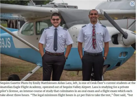 Two young men in white shirts and ties standing in front of a Cessna, from the Sequim Gazette