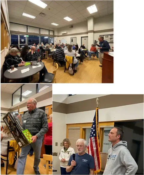 Collage of chili night guests and a man calling bingo