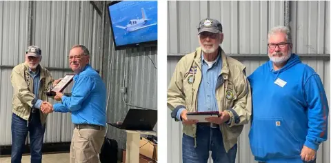 Two photos of a man receiving a Master Pilot award plaque in a hangar