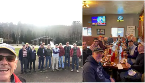 Selfie of the fly-out group and lunch at a restaurant
