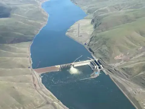Aerial view of a dam on the Snake River