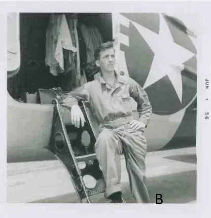 Black and white photo of a pilot in front of a military airplane