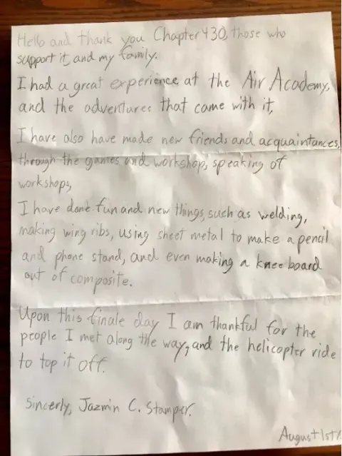 Handwritten thank-you letter from Jazmin Stamper