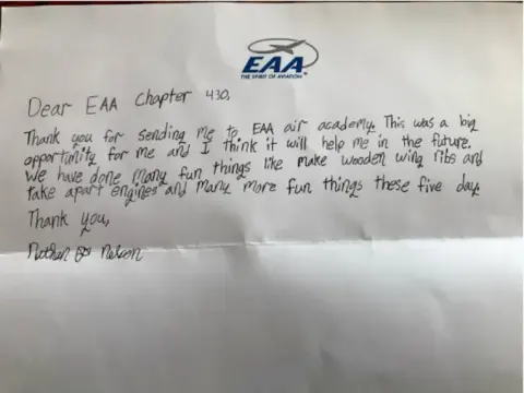 Handwritten thank-you letter from Nathan Nelson on EAA letterhead