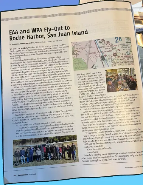 Magazine page with an article about a fly-out to Roche Harbor