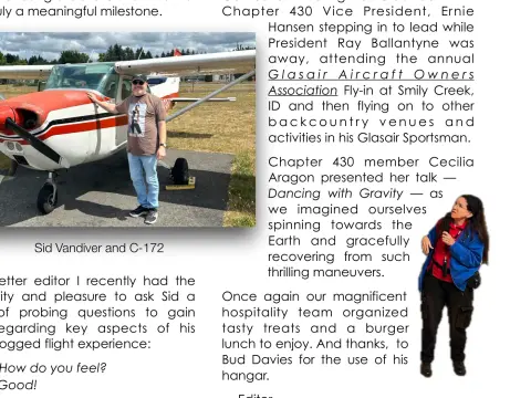 A newsletter clipping with a photo captioned Sid Vandiver and C-172 and a woman in a red scarf
