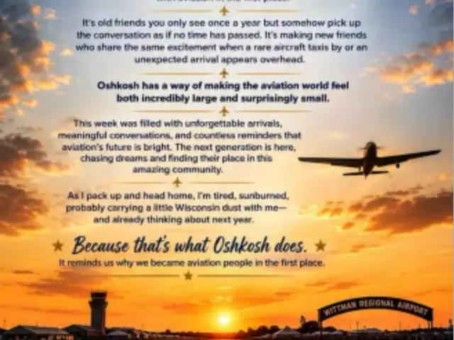 Poster titled An Ode to Oshkosh over a sunset view of the Oshkosh runway