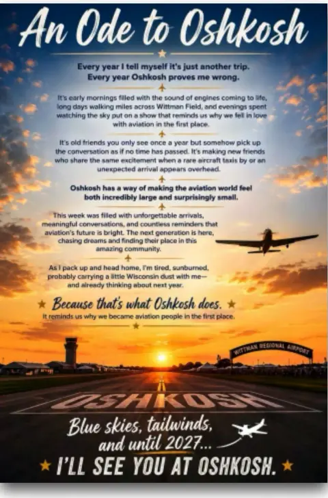 Poster titled An Ode to Oshkosh over a sunset view of the Oshkosh runway