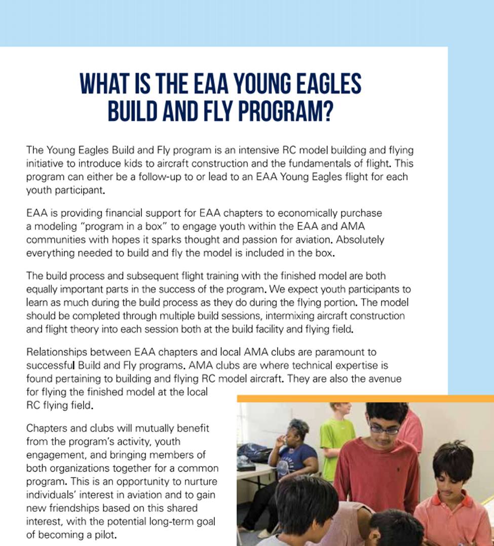 EAA flyer titled What is the EAA Young Eagles Build and Fly Program? It describes the program as a hands-on radio-controlled model building and flying project that EAA chapters run with local model aircraft clubs, with a photo of kids working on a model