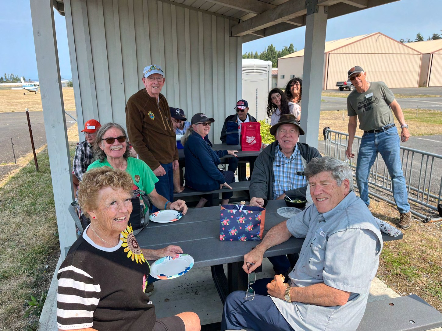 Fly-out group at the picnic tables at Orcas Island airport