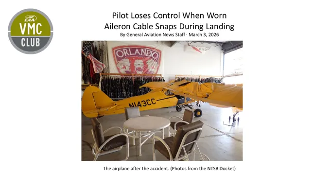 The yellow airplane, N143CC, in a hangar after an aileron cable accident