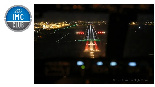 Night view from a cockpit of a lighted runway on approach